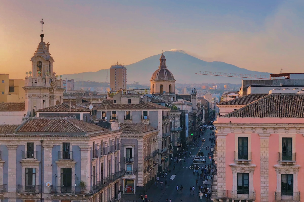a view of a city with a mountain in the background